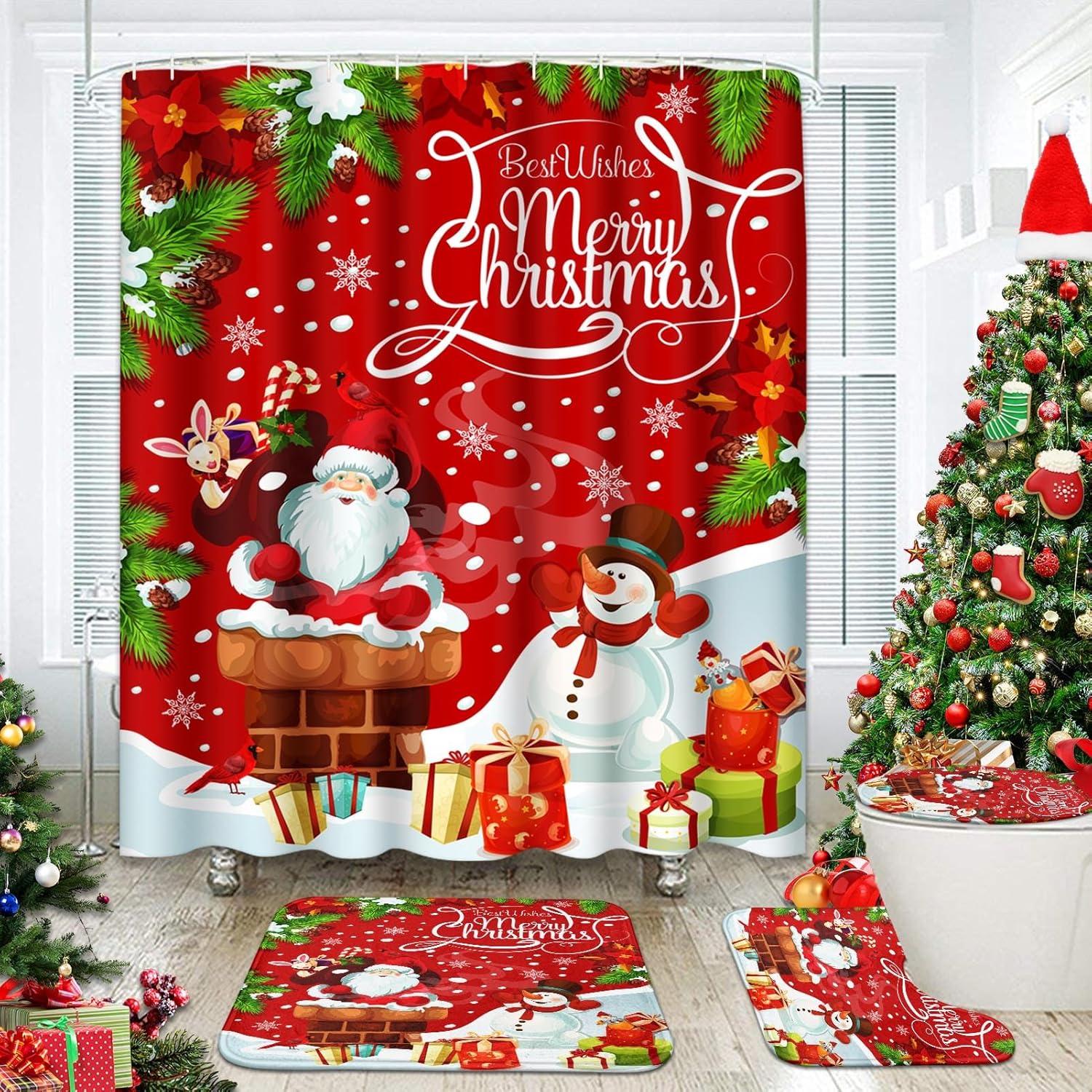 4 Pcs Shower Curtain Set Merry Christmas Happy New Year with Non-Slip Rugs Toilet Lid Cover and Bath Mat Bathroom Decor Set