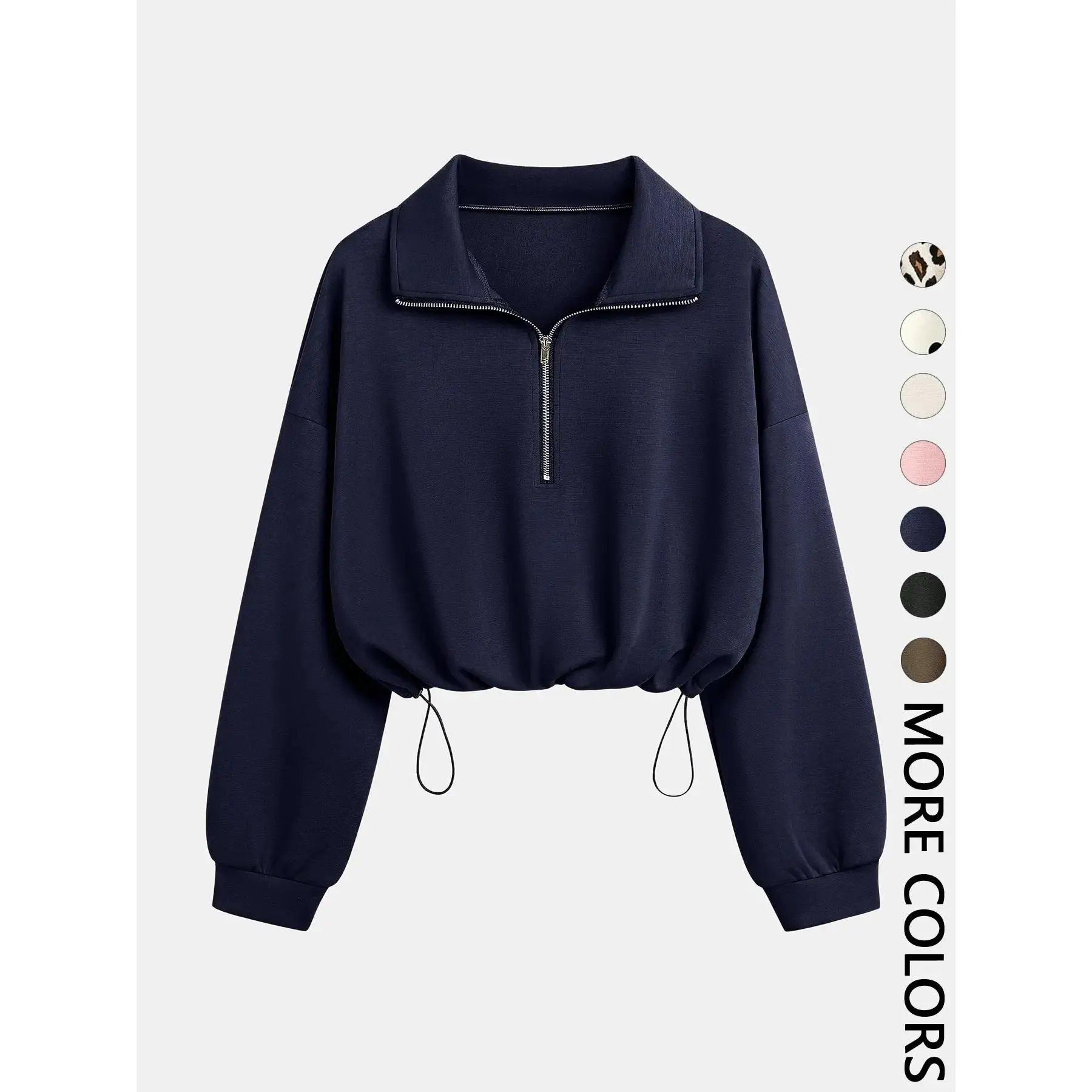 Women's Half-Zip Stand Collar Drawstring Short Sweatshirt, Spring & Fall Casual Fashion, Comfortable and Stylish