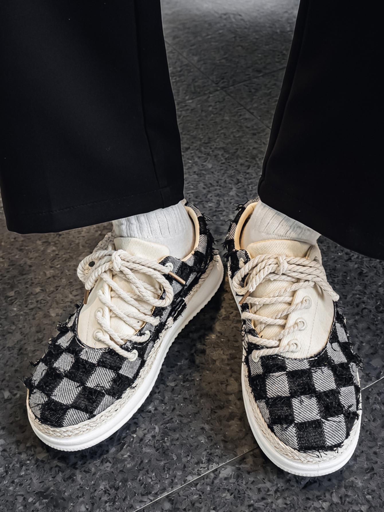 Summer New Men's Plaid Patchwork Hemp Rope Laces, Vintage Straw Trim Soft Elastic Thick Sole, Casual Checkered Shoes for Commute and Streetwear