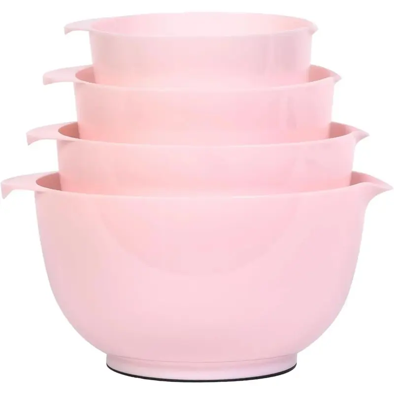 Lightweight Nesting Plastic Mixing Bowl Set (4-Piece, 2023 Version, Pink) - 1.7qt, 2.5qt, 3.5qt, 4.5qt Sizes with Pour Spouts for Prepping, Baking