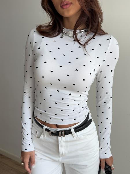 Heart Print Long Sleeve Short Top, Slim Fit Elastic Tee, Bottom Heart Pattern, Fashion Y2K Style Shirt, Cute Casual Wear