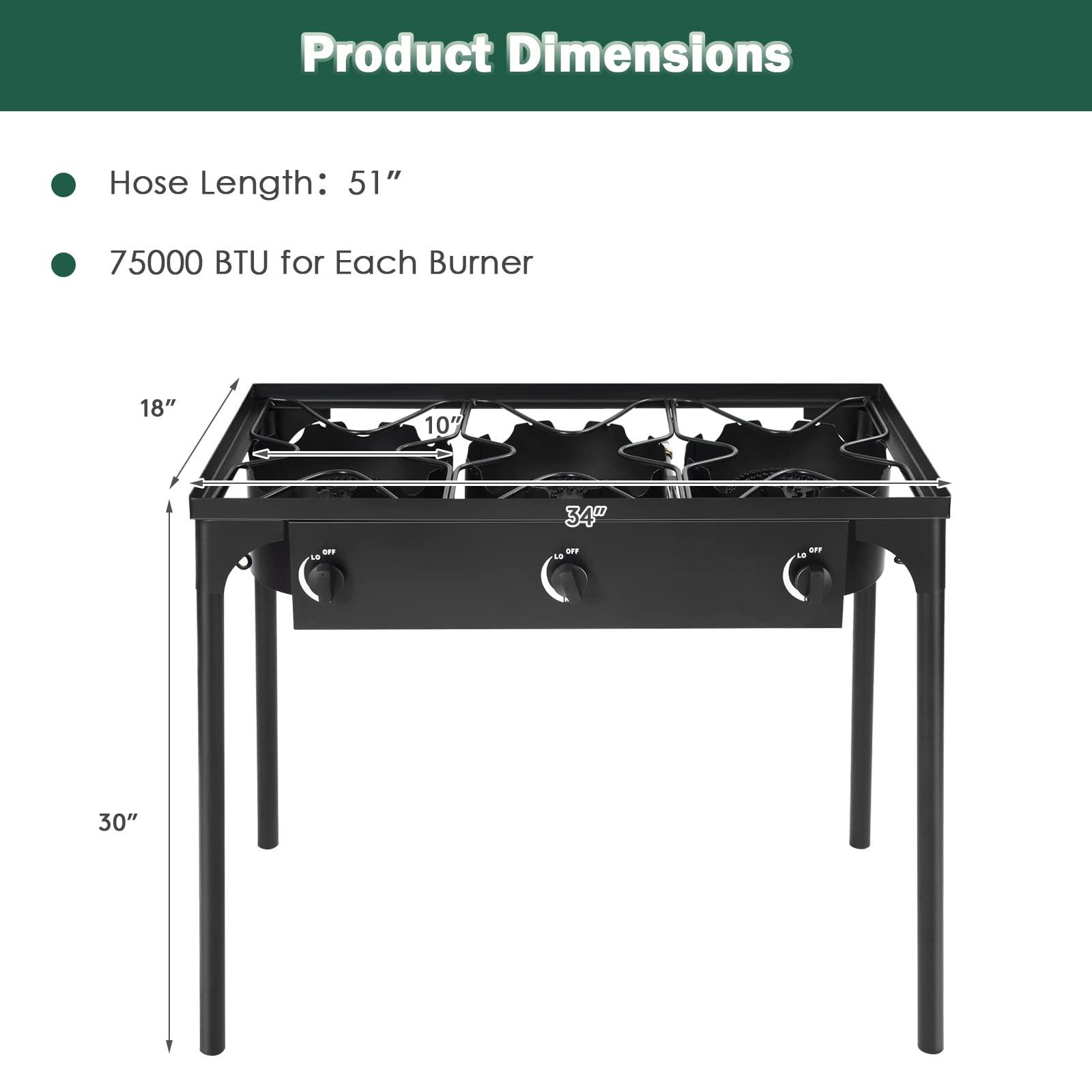 PineHome 3 Burner Propane Stove, 225,000 BTU High Pressure Outdoor Cooker with Cast Iron Head.Includes 0-20 PSI Regulator, Removable Legs for Camping, Tailgating, Home Brewing.