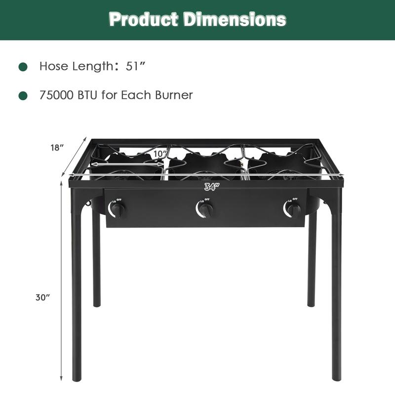 PineHome 3 Burner Propane Stove, 225,000 BTU High Pressure Outdoor Cooker with Cast Iron Head.Includes 0-20 PSI Regulator, Removable Legs for Camping, Tailgating, Home Brewing.