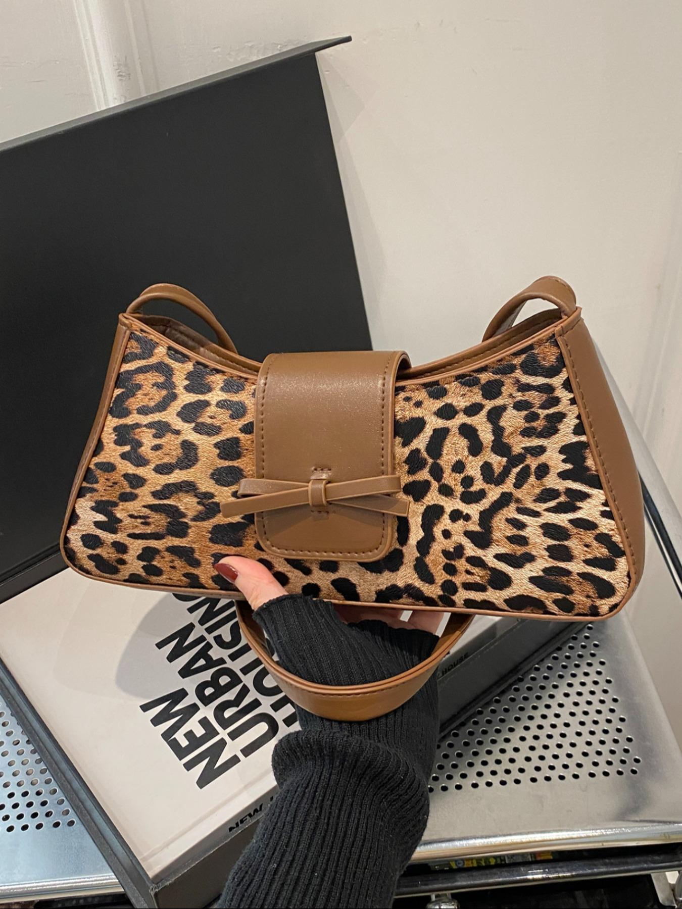 Leopard Print Fashion Trendy Bowknot Decorative Shoulder Bag, Stylish High-End Commuter Backpack, Unique Personality Design