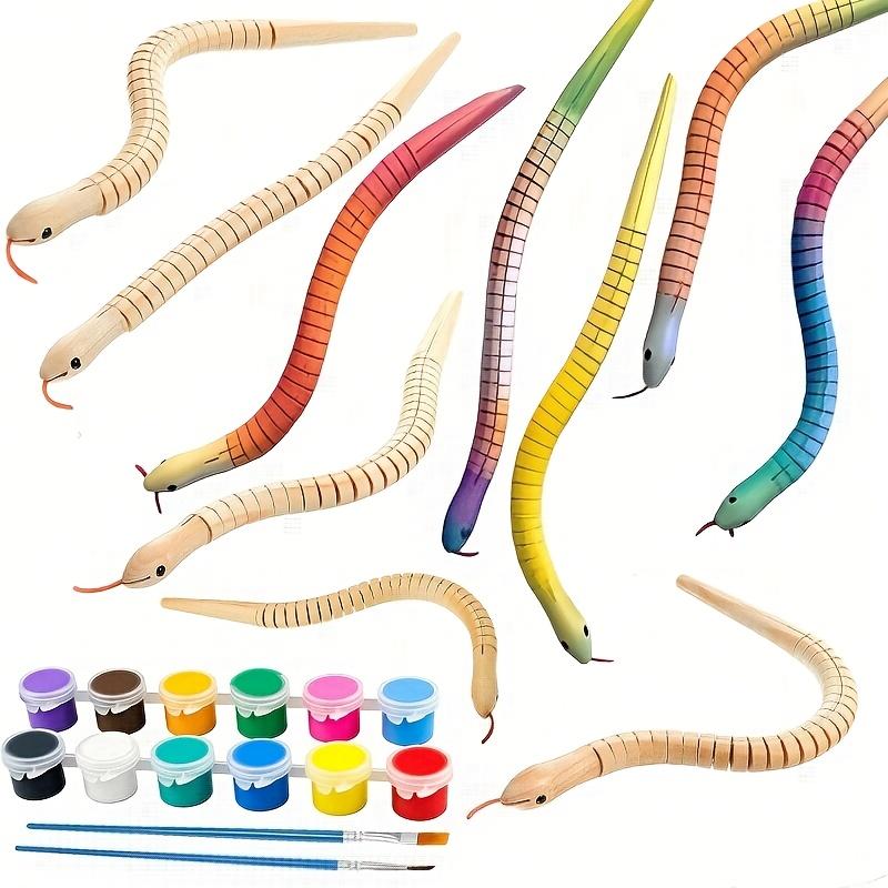 10 piece set of unfinished wooden snake models: 11.81 inches, 12 colors, 2 brushes, flexible activity simulation, animal decoration, fake snake, suitable for party decoration