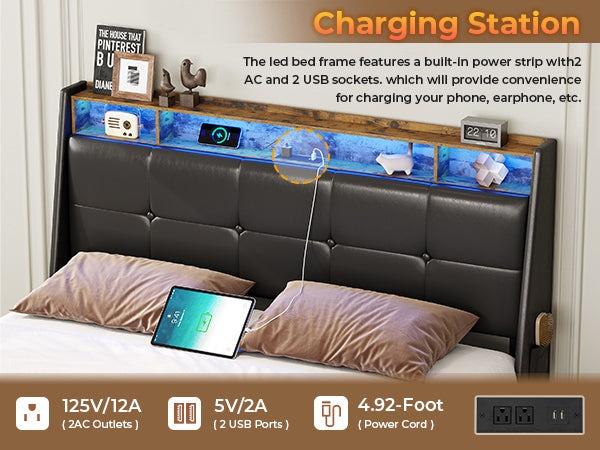 Sikaic 4 Storage Drawers LED Bed Frame with Charging Station Black Furniture Home Modern Interior Upholstered Platform Sikaic 4 Storage Drawers LED Bed Frame with Charging Station Black Furniture Home Modern Interior Upholstered Platform
