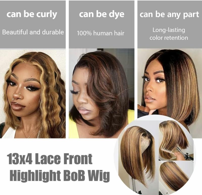 Highlight Lace Front Bob Wig Human Hair 14 Inch Ombre Honey Blonde 13x4 Hd Lace Front Wigs Human Hair Pre Plucked Middle Part 4/27 Colored Lace Frontal Wigs(14 Inch, 4/27 Highlight)