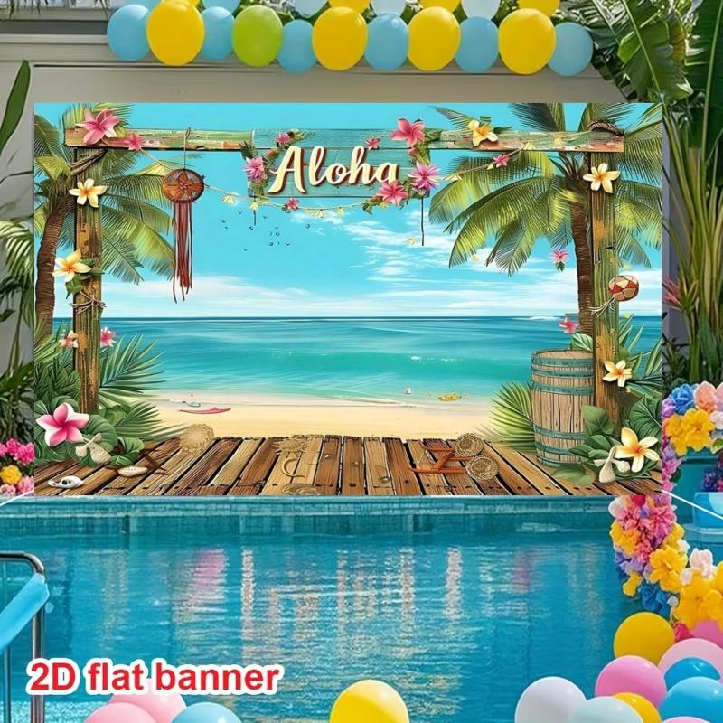 2D Flat Aloha Hawaii Beach Decorative Backdrop 1 Pack Polyester Material Tropical Palm Flower Seaside Party Banner Summer Beach Themed Photo Hanging Cloth Luau Party Atmosphere Curtain Reusable Waterproof Decorative Supplies