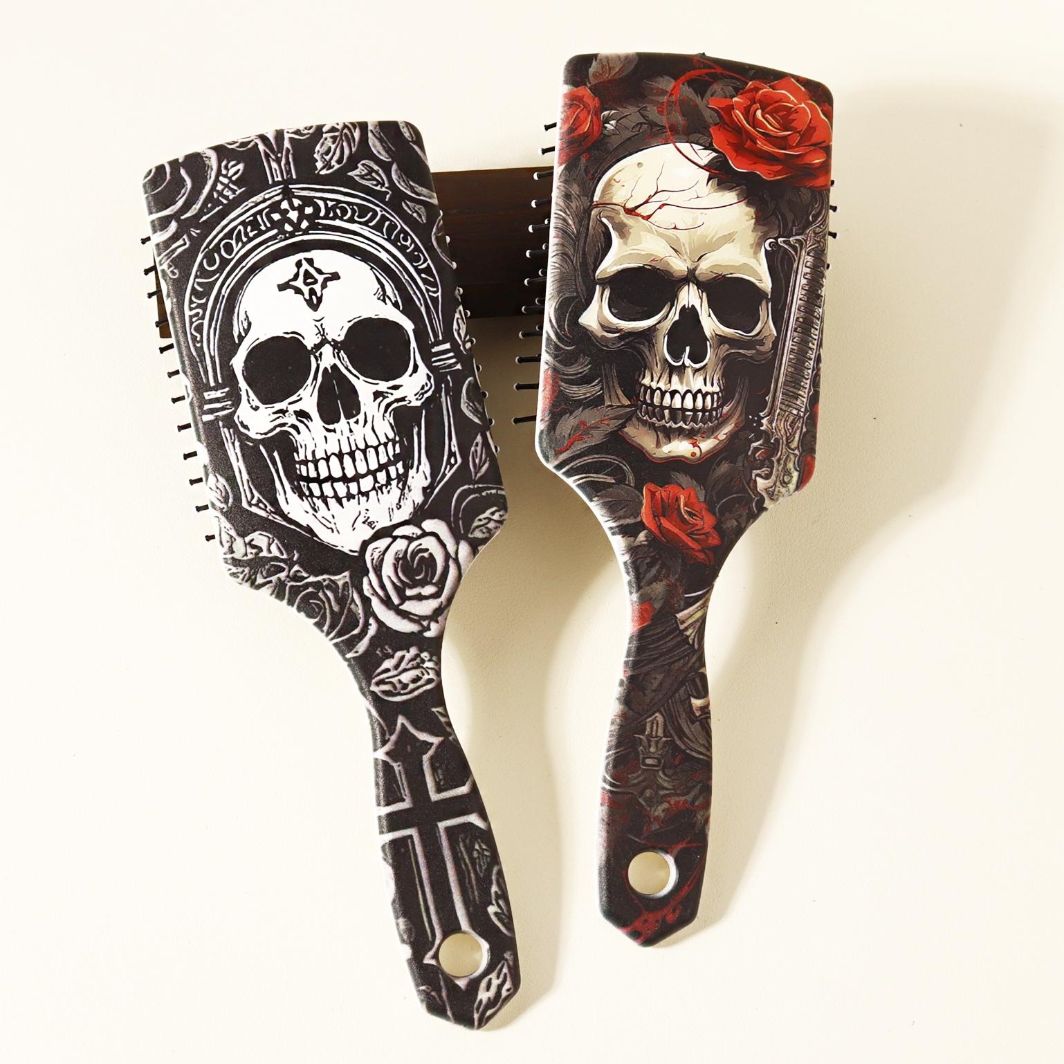 Skull and Flower Pattern Paddle Comb, Massage Exfoliating Brush, Durable Abs Plastic Handle, Suitable for All Hairstyles