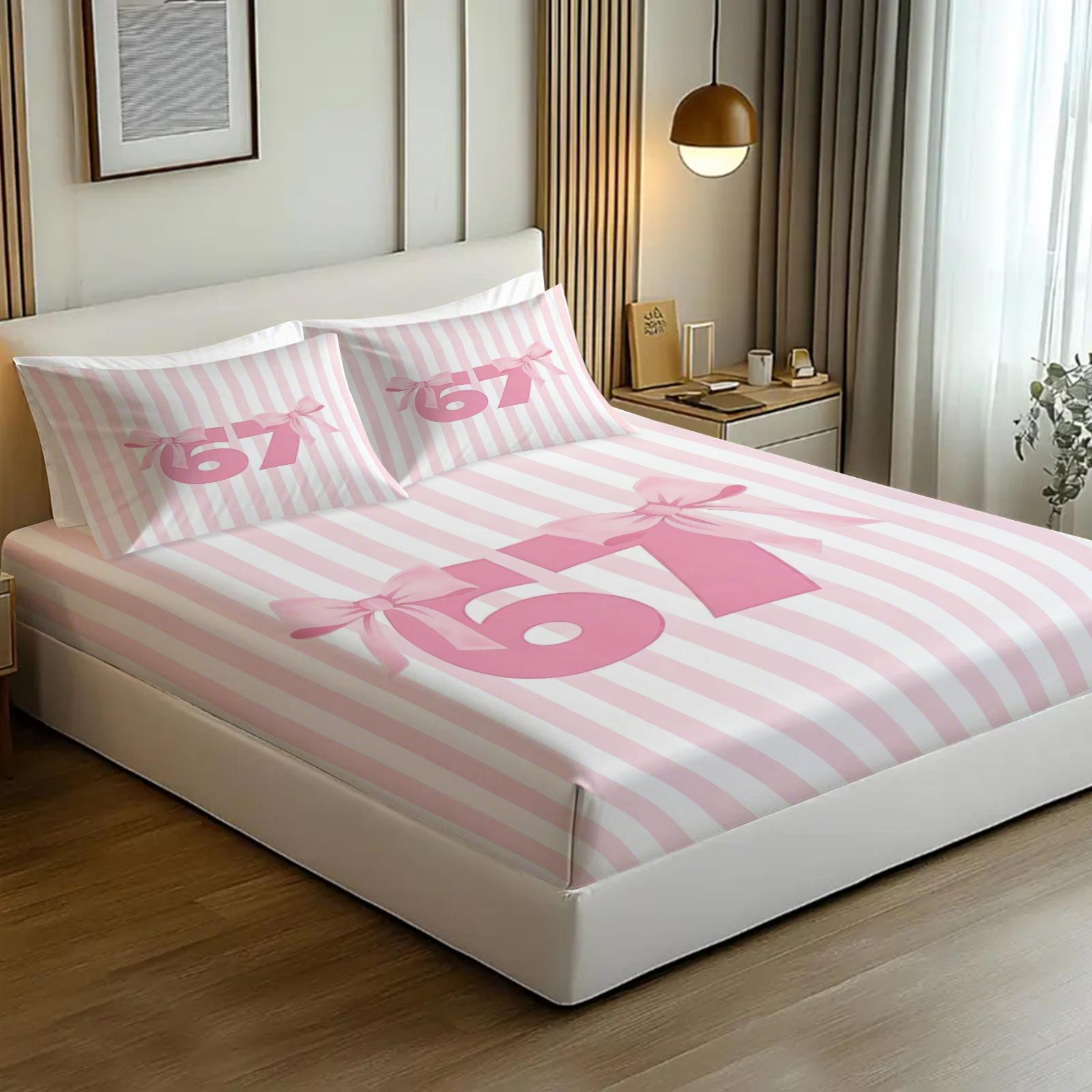Girly-Style 67 Number Meme Limited Fitted Sheet Set (2 Pillowcases Included) | Soft & Comfortable, Creative Trendy Gift, Home Personality Highlight Bedsheet Sets