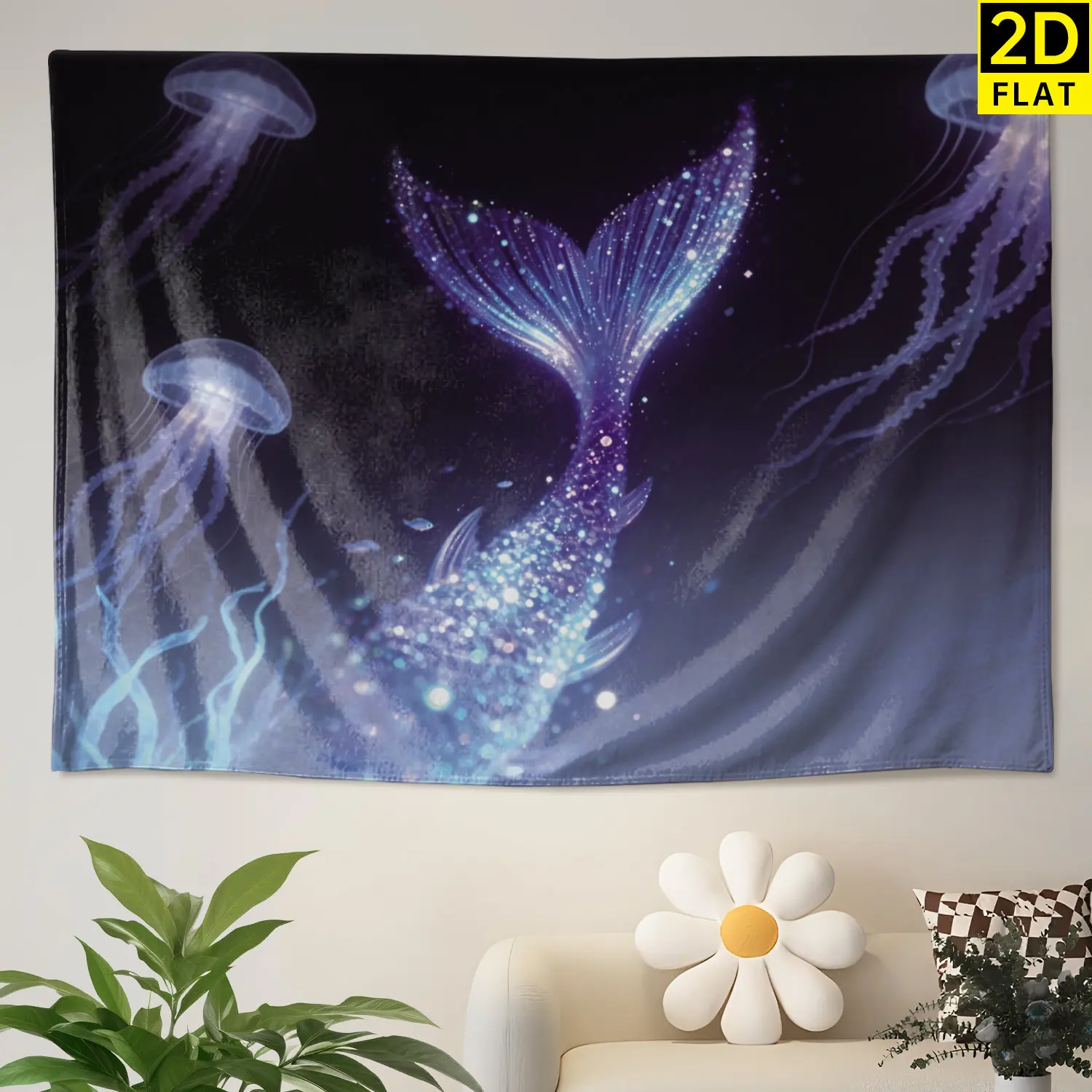 Glowing Jellyfish Mermaid Tail Wall tapestry, Large size Printed Horizontal Tapestry blanket, Polyester Fabric Wall Hanging for living room, bedroom, No Installation Required, Indoor, Outdoor, Gift for Family and Friends
