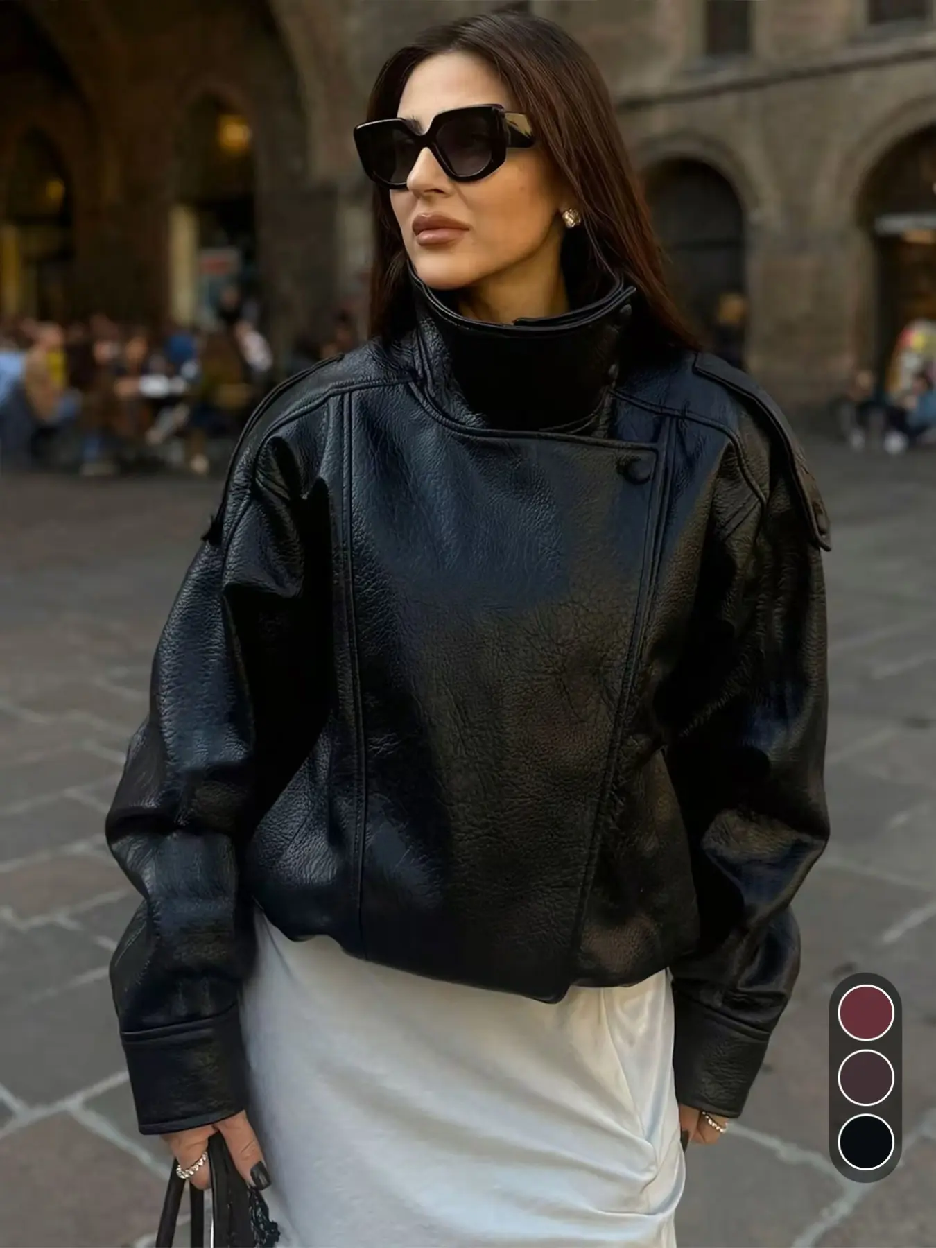 Women's Oversized Stand Collar Faux Leather Jacket, Vintage Loose PU Leather Moto Bomber Coat, Trendy Streetwear Outerwear