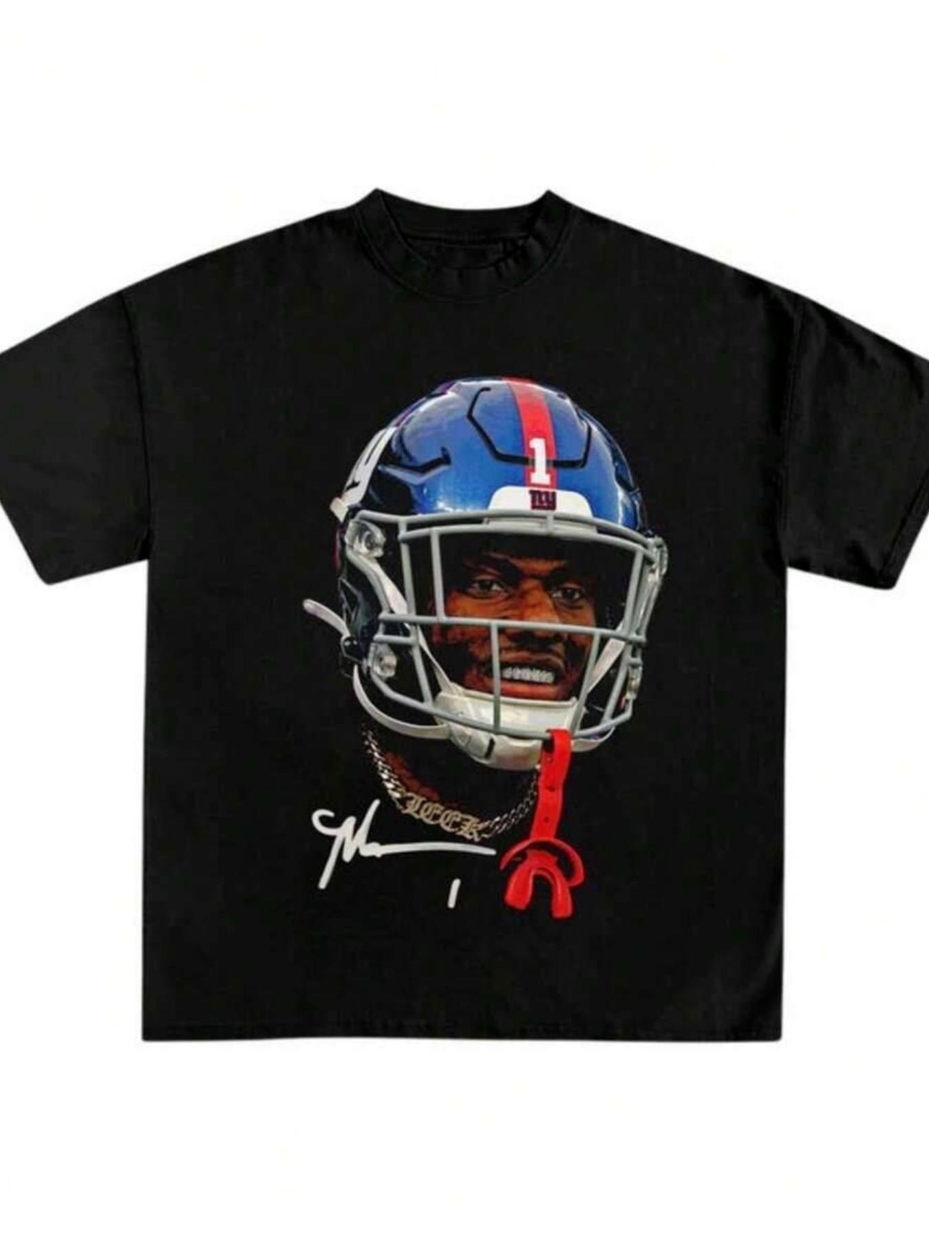 New York Giants Malik Nabers Portrait Print Short Sleeve T-Shirt, American High Street Retro Style, Football Fan Streetwear