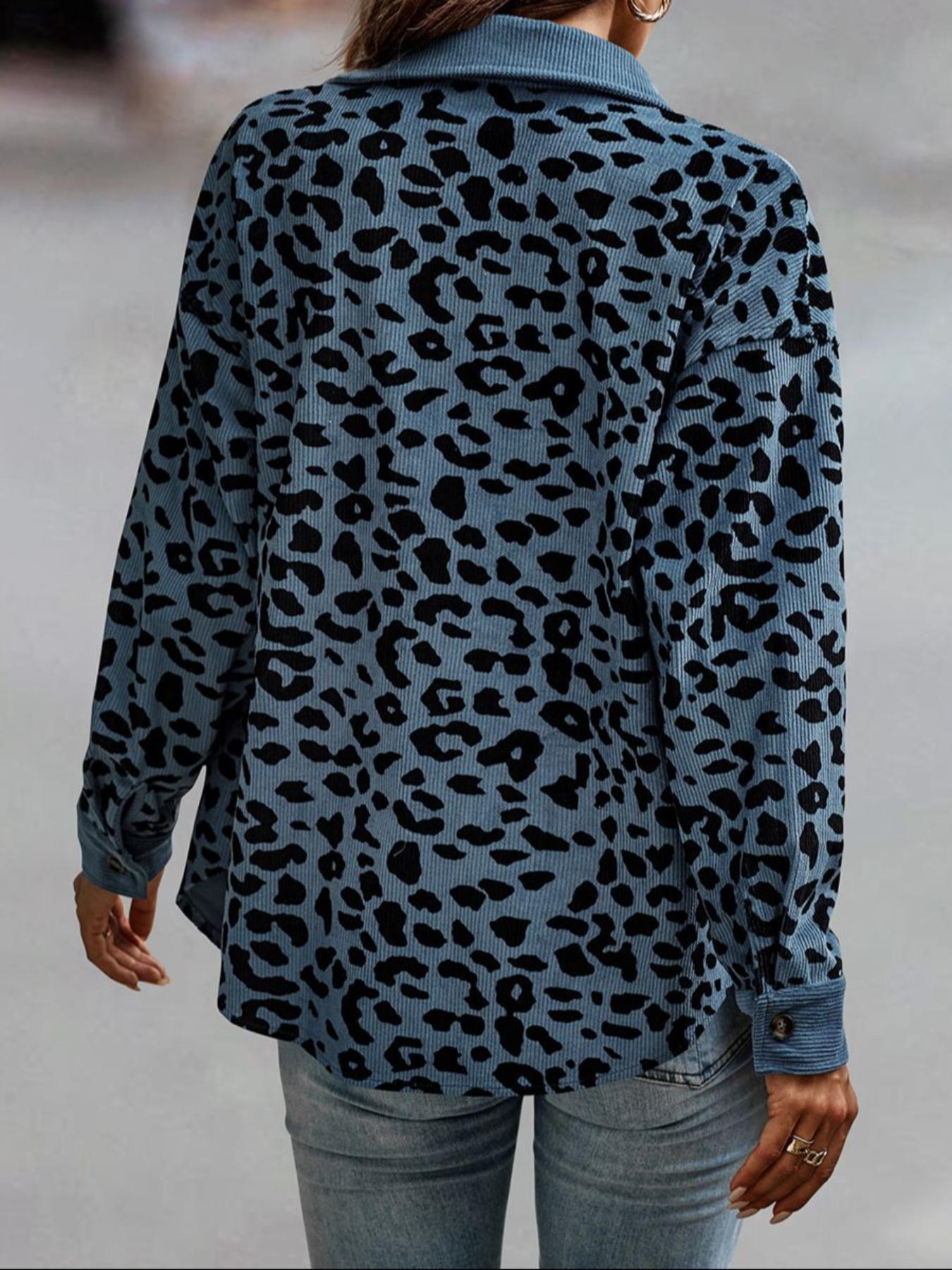 Women's Leopard Print Button Front Drop Shoulder Shirt Coat, Casual Long Sleeve Collared Pocket Blouse for Daily Wear, Ladies Clothes for All Seasons