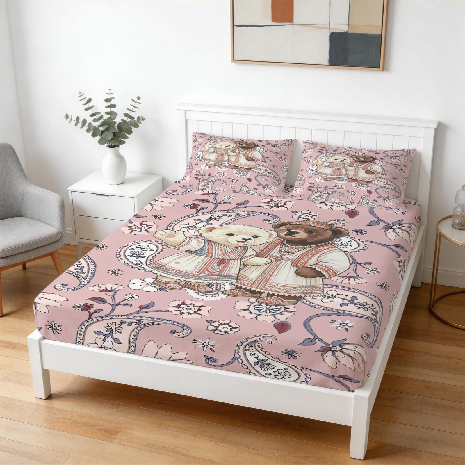Ethnic Couple Bear Fitted Sheet Set, 3 Pieces (1 Fitted Sheet + 2 Pillowcases), Soft Skin-Friendly, Pink Paisley Floral Bedding, Deep Pocket, Cute Bear Print for Girls Teens Bedroom, All Seasons