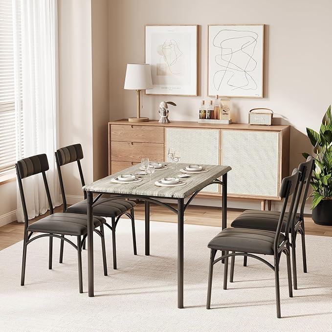 Kitchen Table Set with Chairs, Dining Table Set for 4, Metal and Wood Rectangular Dining Room Table Set with 4 Upholstered Chairs, 5 Piece Dining Set for Small Space, Apartment