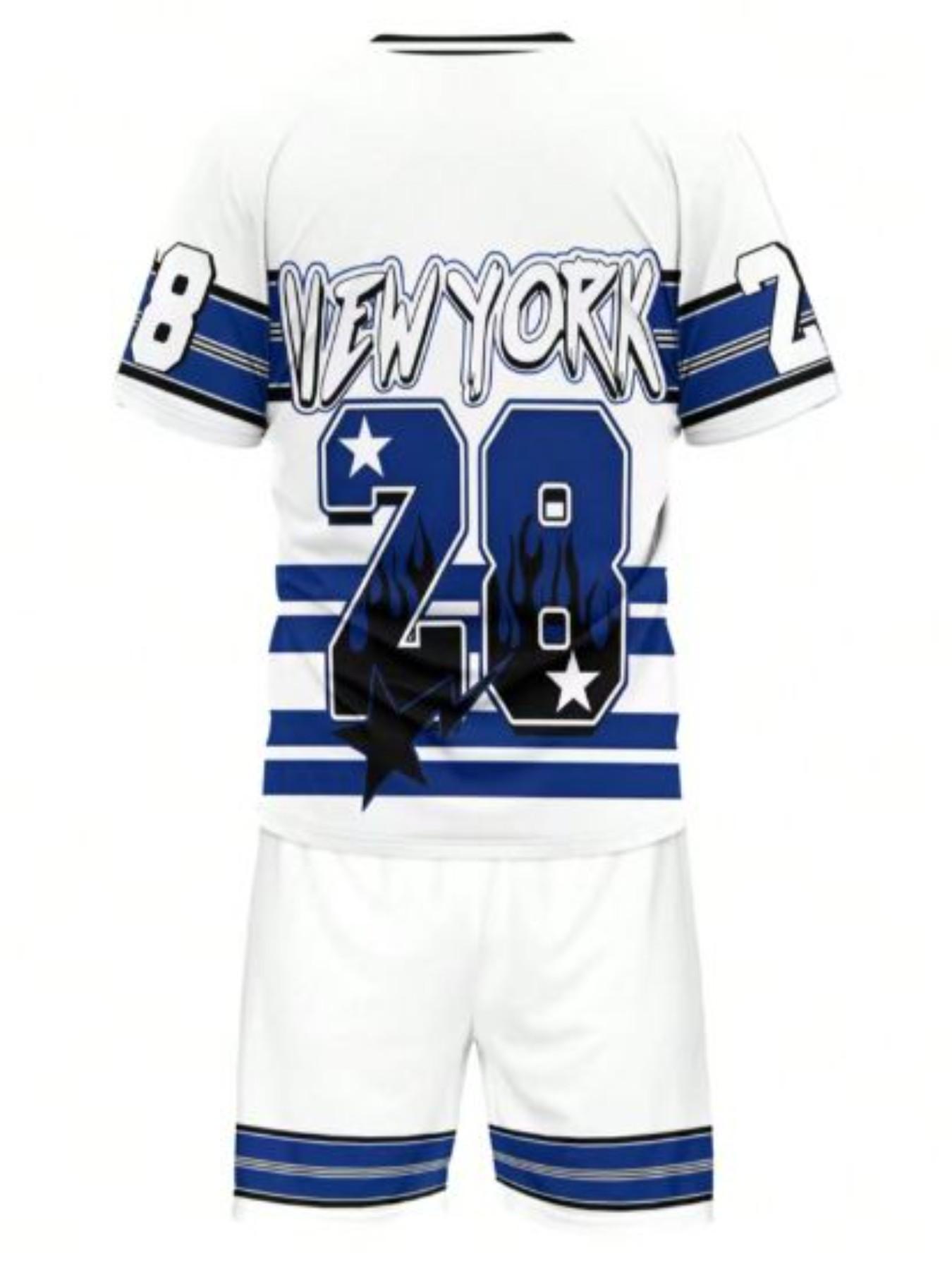 Summer Men's Outdoor Round Neck Short Sleeve T-Shirt and Shorts Set, Casual Letter Number Print, Fitted, Above the Knee, Sporty Style