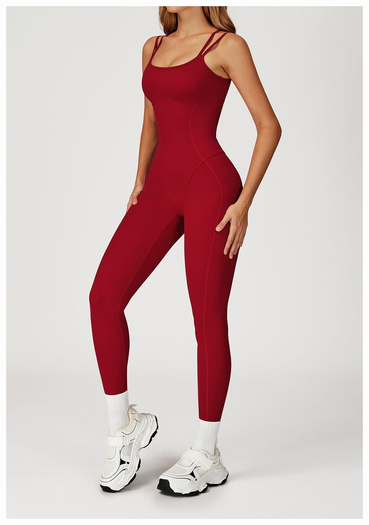 Nude-feel one-piece bodysuit with cross-back design, slim-fit yoga wear for outdoor running and fitness activities