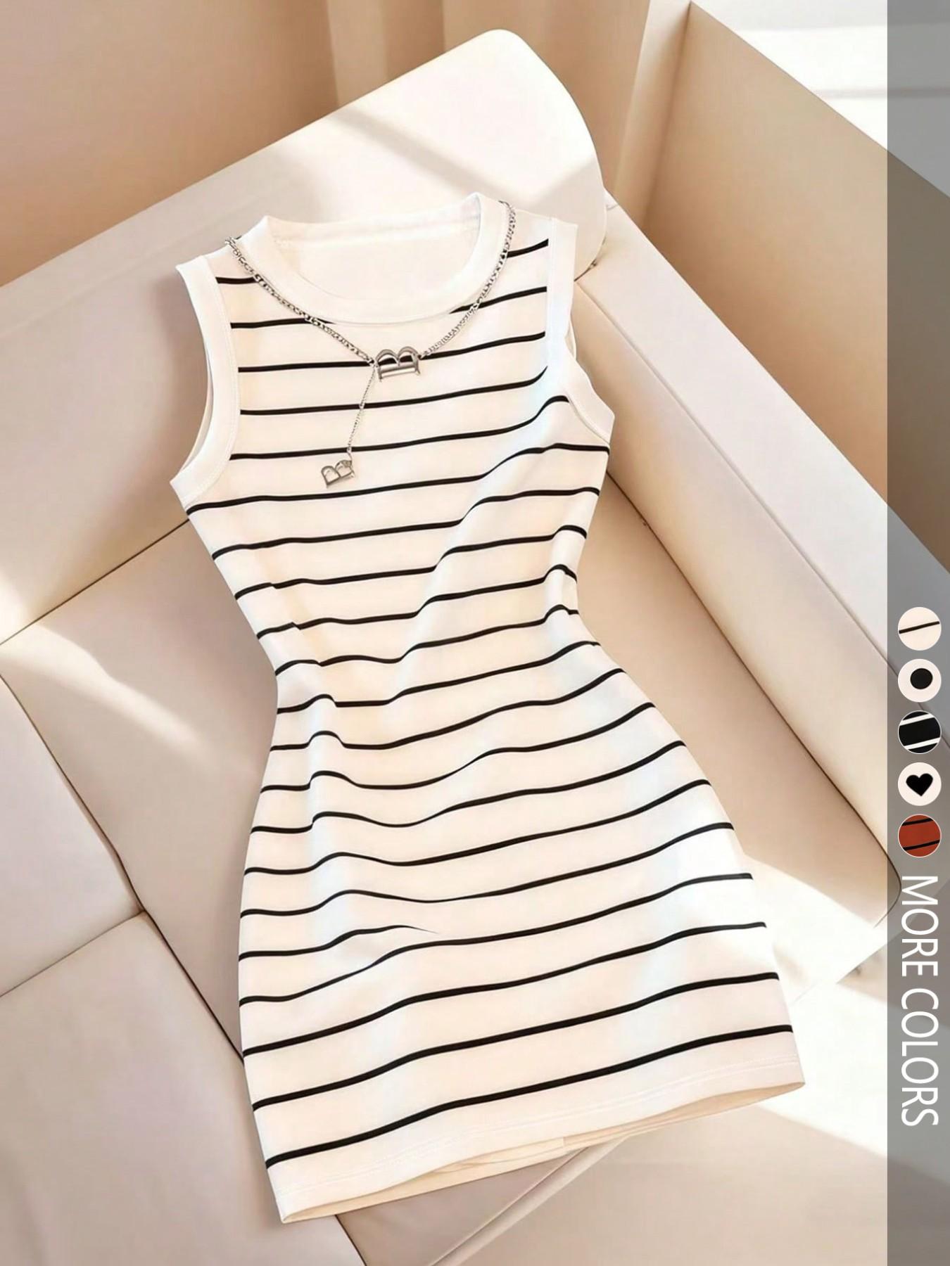 Women's Sleeveless Fitted Bodycon Round Neck Dress with Striped Print, Spring/Summer, Elegance