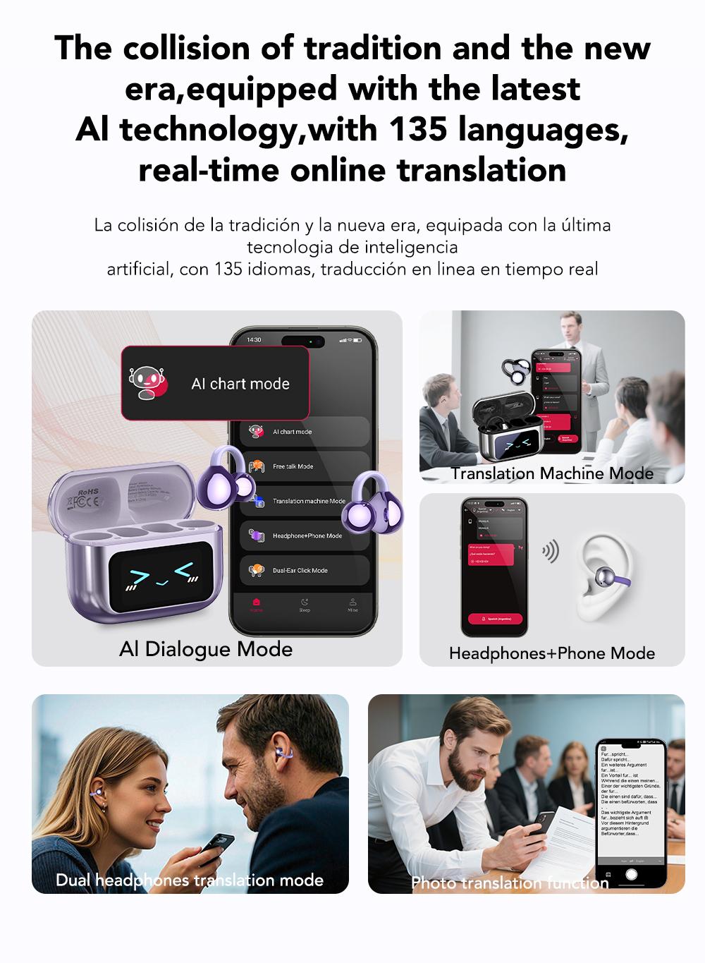 MINISO MS201 Translation Headphones, Support 134 Languages ​​Translation with APP, Clip-on Wireless Earphones, Color Touch Screen, Bluetooth 6.0, Suitable for Sports, Running and Work, HIFI Stereo Earbuds