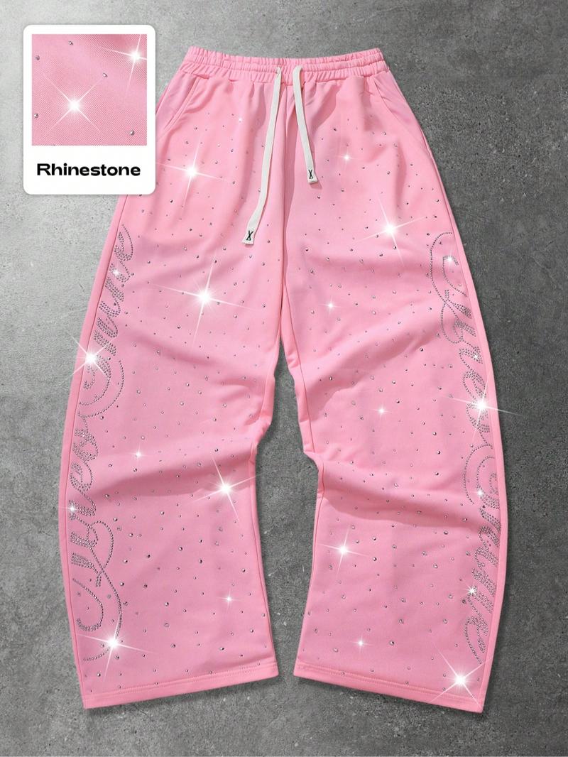 Men's Street Style Straight Leg Sweatpants, Design Sense American Fashion Rhinestone Embroidery, Unisex Casual Pants for Daily Wear, Casual Sporty Trousers