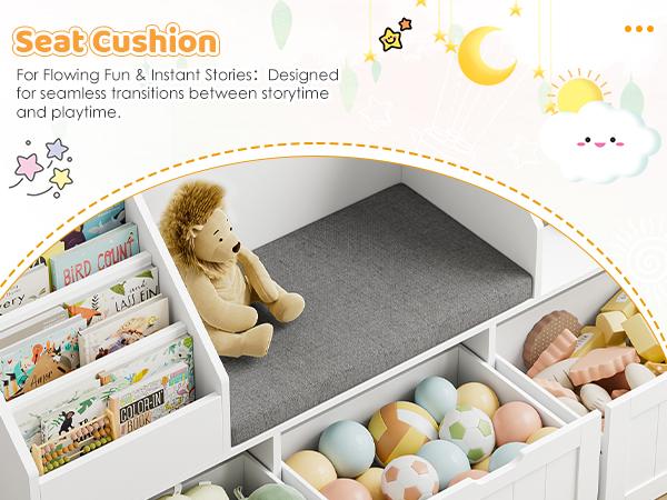 FOTOSOK 55.1'' Kids Bookshelf with Reading Nook, Toy Storage Organizer with Seat Cushion and 3 Movable Drawers, Kids Reading Nook Toy Organizers and Storage with Bench for Playroom