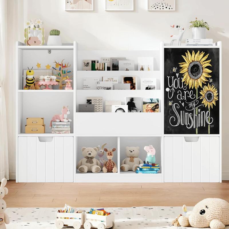FOTOSOK Toy Storage Organizer with  8 Storage Cubbies and 2 Movable Drawers, Toy Organizer with Hidden Wheels and 3-Tier Kids Bookshelf, Multifunctional Floor Storage Chest for Playroom