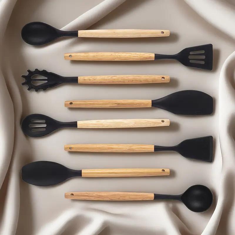 Hot Selling Silicone Kitchen Utensil Set 19-Piece Cooking Spoon Spatula Knife Storage Bucket Wooden Utensil Set Kitchen Tools Ladle Sturdy Durable Kitchenware Cookware