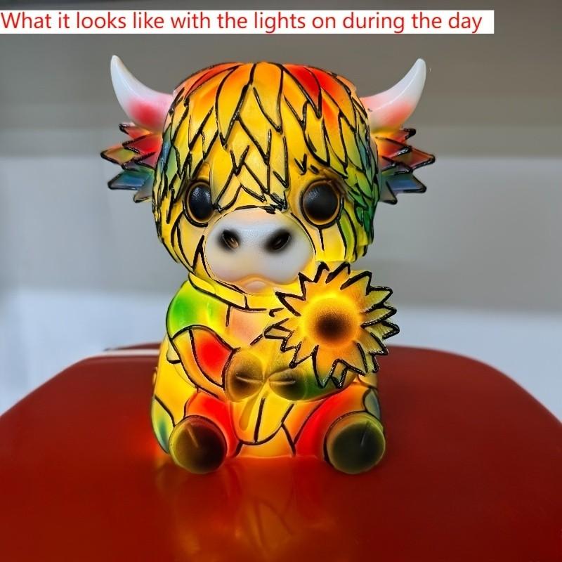 Funny Highland Cow Sunflower Statue, Warm Tone Quirky Style Desktop Lamp, Eco-Friendly Resin, USB Powered, Perfect Gift for Animal Lovers