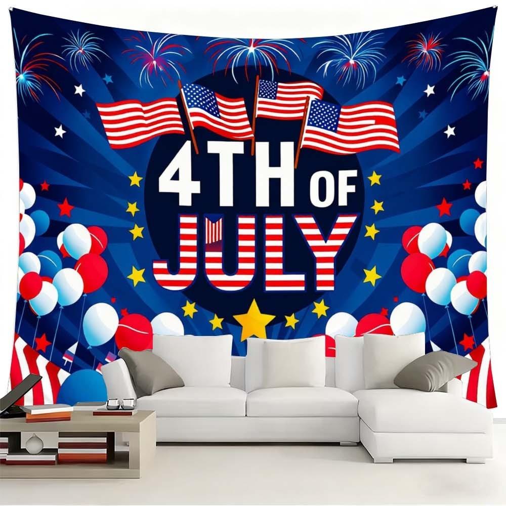 1PC Independence Day themed tapestry for enhancing home atmosphere perfect for bedrooms and living rooms ideal for gatherings and celebrations wall decoration featuring vibrant stars stripes flags and fireworks background fabric adding festive vibes to an