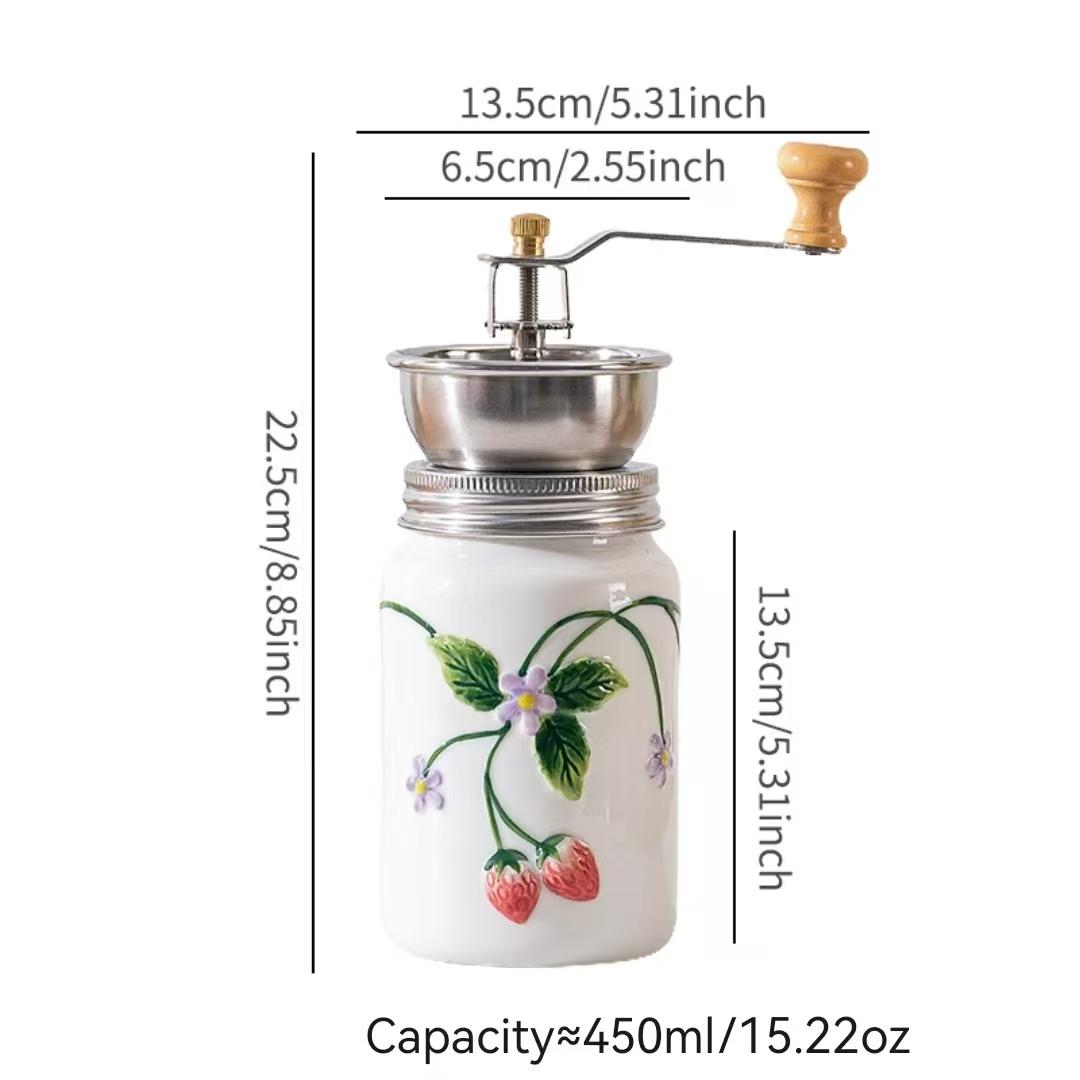 Strawberry Ceramic Hand-Crank Coffee Grinder Set, Home Manual Pour-Over Coffee Maker, Milk Jug, Cup & Saucer Series