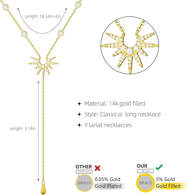 Tewiky Lariat 14K Gold Plated Necklace for Women, Dainty Y Necklace Trendy Long Copper Necklaces 14K Gold Plated Layered Y-Shaped Zircon Pendant Necklace CZ Beaded Infinity Chain Drop Necklaces Simple Gold Jewelry Gift For Valentine's Day gifts