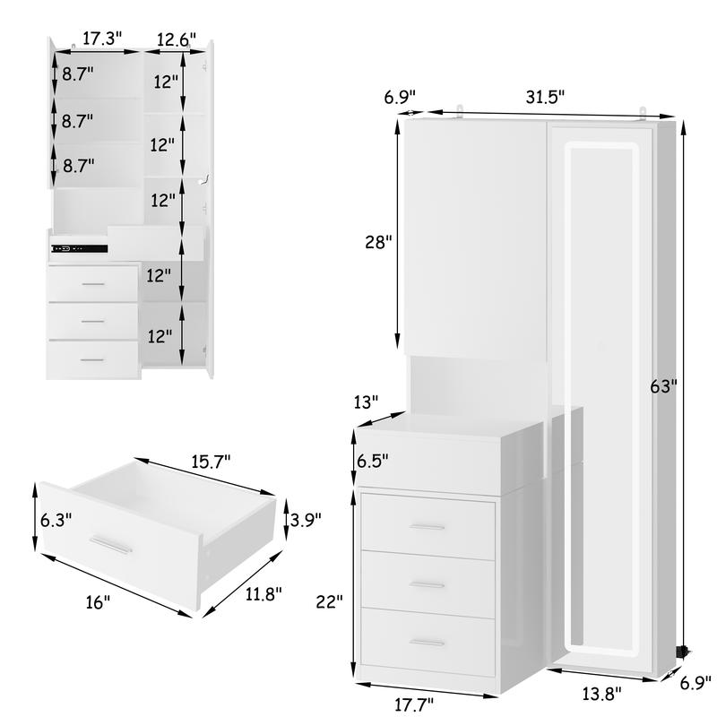 FUFU&GAGA Makeup Vanity Desk with Mirror and 3-Colors Lights, Dressing Table with 3 Drawers and Door Sliding Tabletop