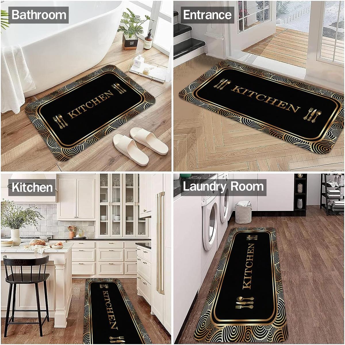 kitchen anti slip carpet floor, black gold geometric texture design printed kitchen floor, soft and comfortable flannel anti slip washable kitchen floor, suitable for kitchen, dining room, room decoration floor, Kitchen Area Rug