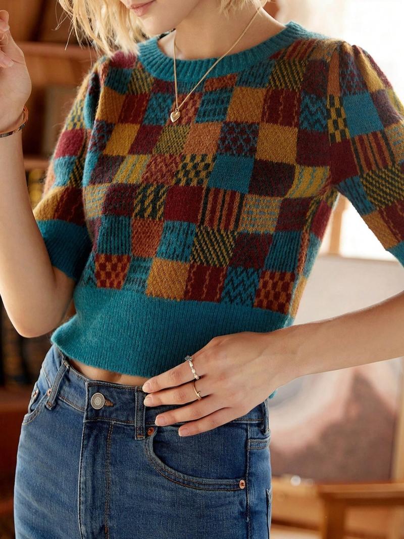 Women's Random Plaid Pattern Round Neck Sweater, Casual Half Sleeve Crew Neck Jumper for Fall & Winter, Fashion Ladies' Knitwear for Daily Wear