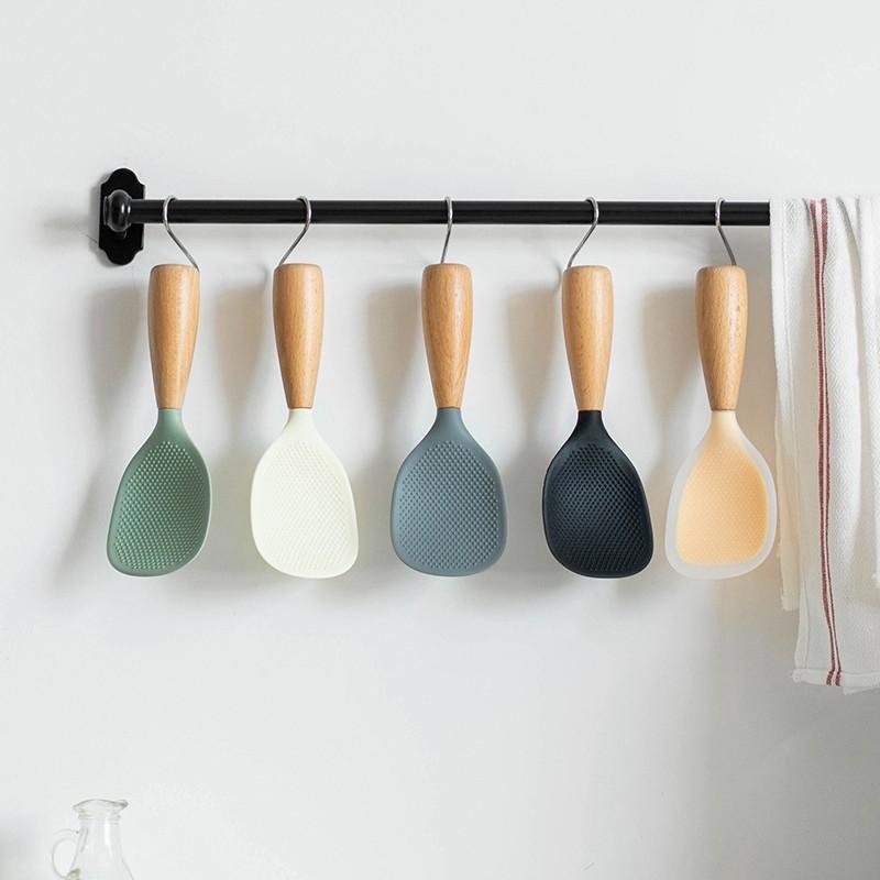 Silicone Rice Paddle with Wooden Handle, Non-Stick Heat Resistant Rice Scoop, BPA Free & Dishwasher Safe，Food-Grade Standing Silicone Rice Spoon, Non-Slip Heat Resistant, Stain-Free Rice Serving Spoon, Home Electric Rice Cooker Spoon
