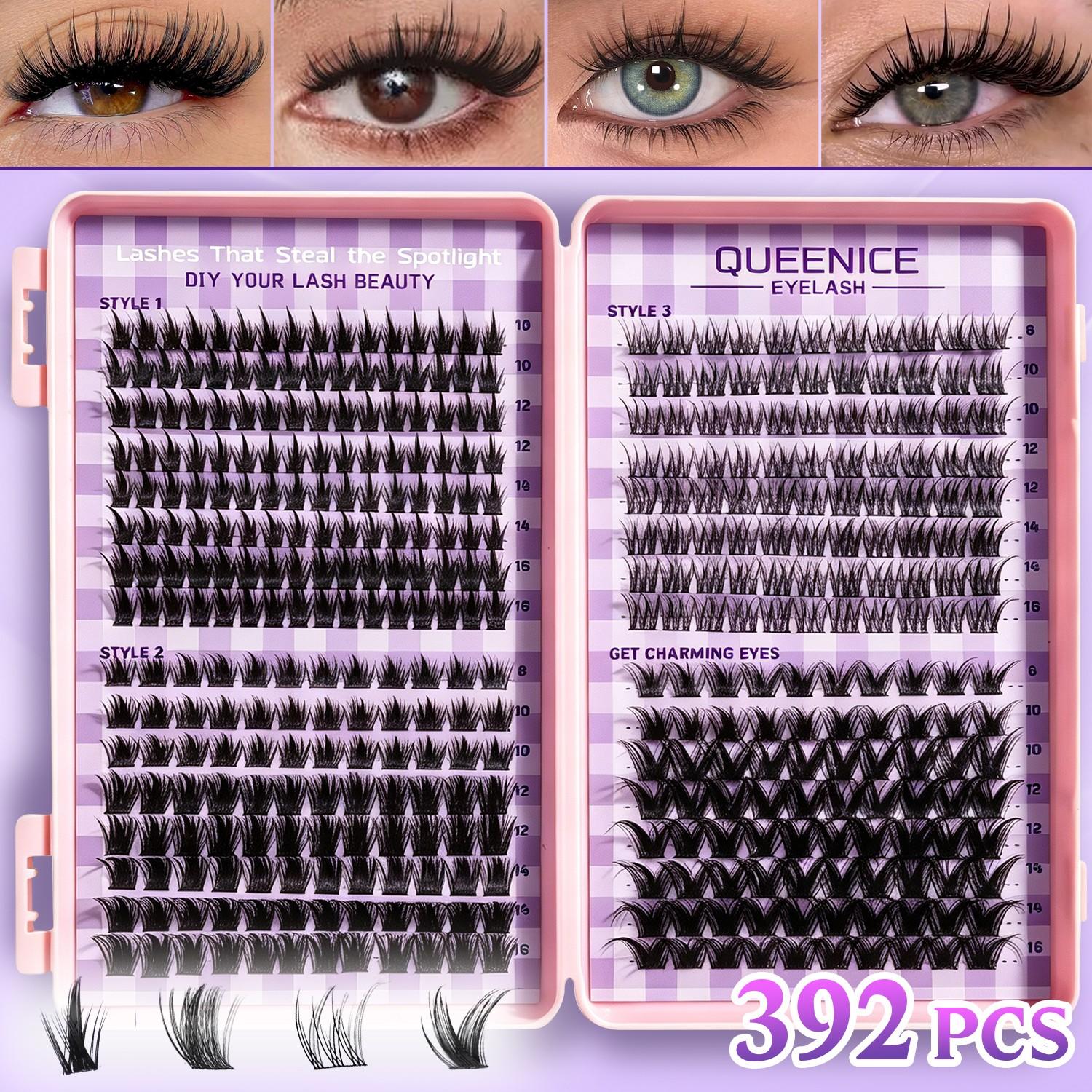 392pcs Individual Lash Clusters EyelashExtension Kit with Glue Tweezers RemoverCream CC Curl Mixed 8-16mm LargeCapacity Home DIY Beginners Friendly