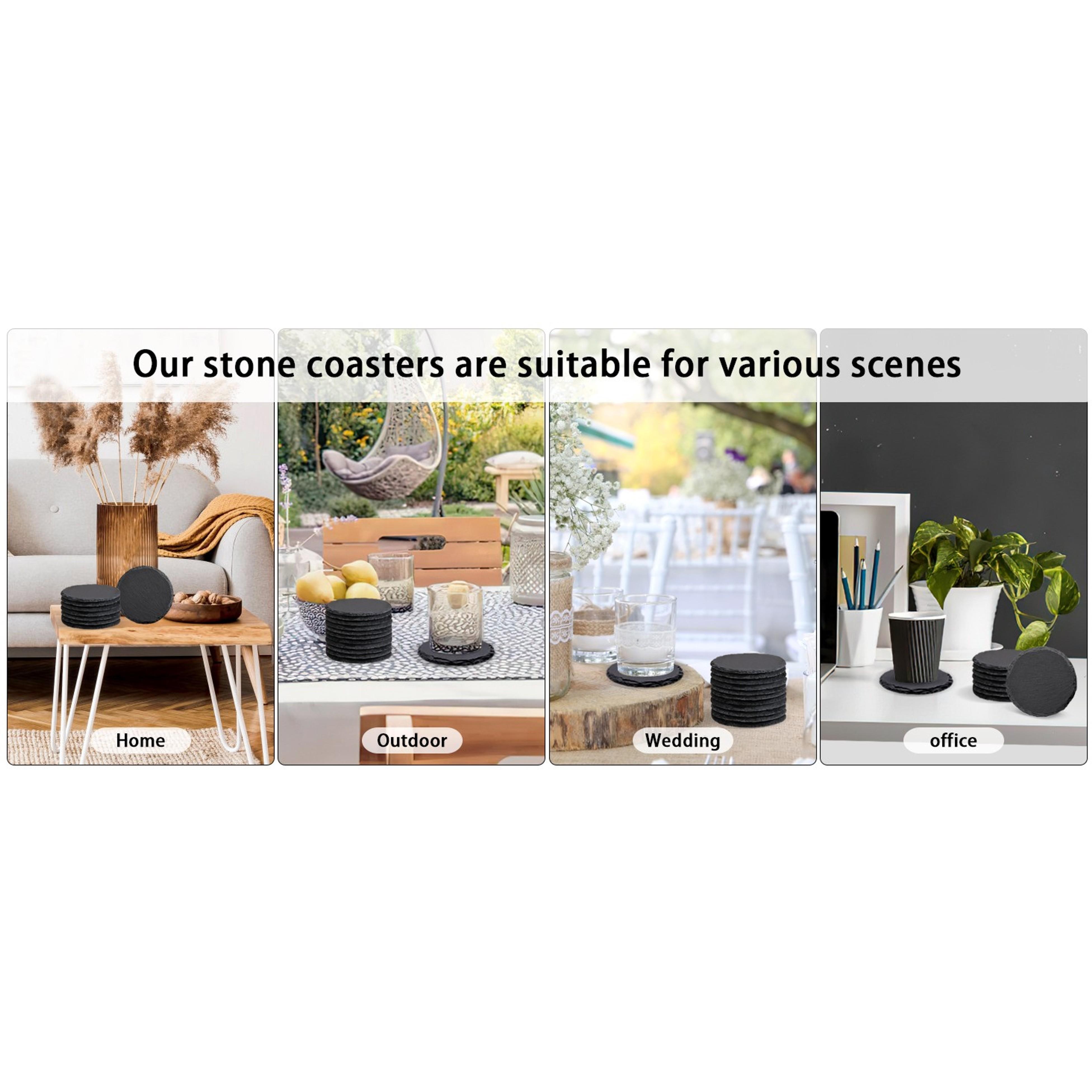 4 PCS Round Slate Drink Coasters Set, 4 Inch Laser Engraving Black Slate Stone Coasters with Anti-Scratch Bottom and Coaster Holder for Office Bar Kitchen Home Dinner Table Decor Supplies 4 PCS Round Slate Drink Coasters Set, 4 Inch Laser Engraving Black Slate Stone Coasters with Anti-Scratch Bottom and Coaster Holder for Office Bar Kitchen Home Dinner Table Decor Supplies