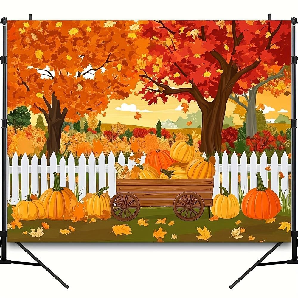 2D Flat, 2D Flat Banner, 1pc Rustic Autumn Photography Backdrop - Autumn Maple Trees with White Fence and Pumpkin Carriage, Vibrant Thanksgiving Harvest Background, Photo Booth Prop, Party Decorat