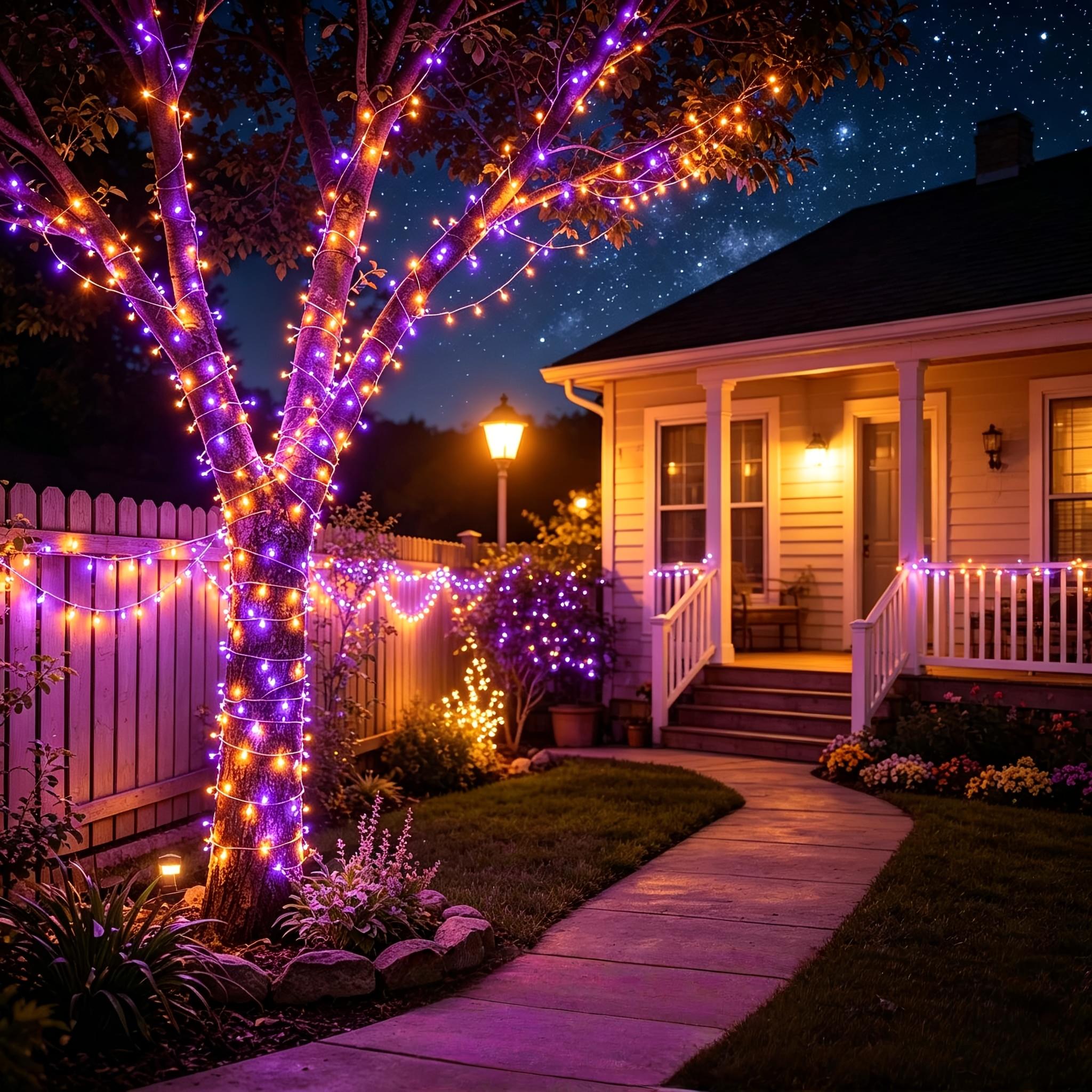 Solar LED Fairy Lights, 900-LED Purple & Orange-Purple String Lights with 8 Lighting Modes, IP54 Waterproof for Yard, Fence Illumination & Outdoor Home Improvement Decor