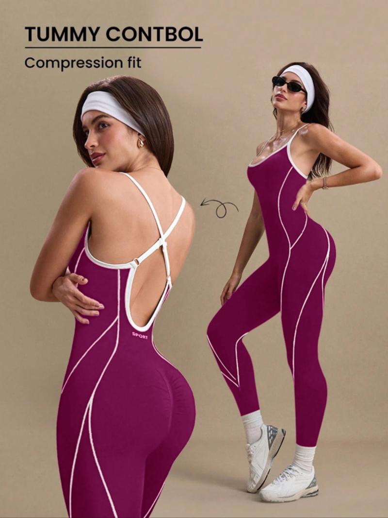 Women's Colorblock U Neck Adjustable Strap High Elastic Yoga Jumpsuit, Sporty Sleeveless Fitness, All Season Comfortable Wear, Sportswear Jumpsuits