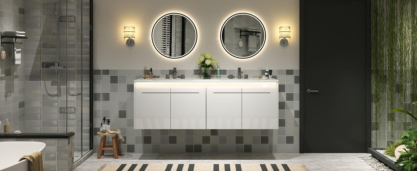 [Ships in 2 Boxes] VanAcc 31/60"Floating Bathroom Vanity with Sink, High Gloss Single Sink Wall Mounted Bathroom Storage Vanity Cabinet with LED Light & Metal Handles, Modern Bathroom Sink Cabinet