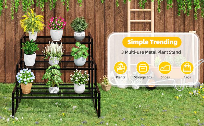 Simple Trending 3 Tier Metal Plant Stand Outdoor Indoor Waterproof, Stackable Heavy Duty Tall Plant Shelf Flower Pot Holder for Garden, Display Rack, Black