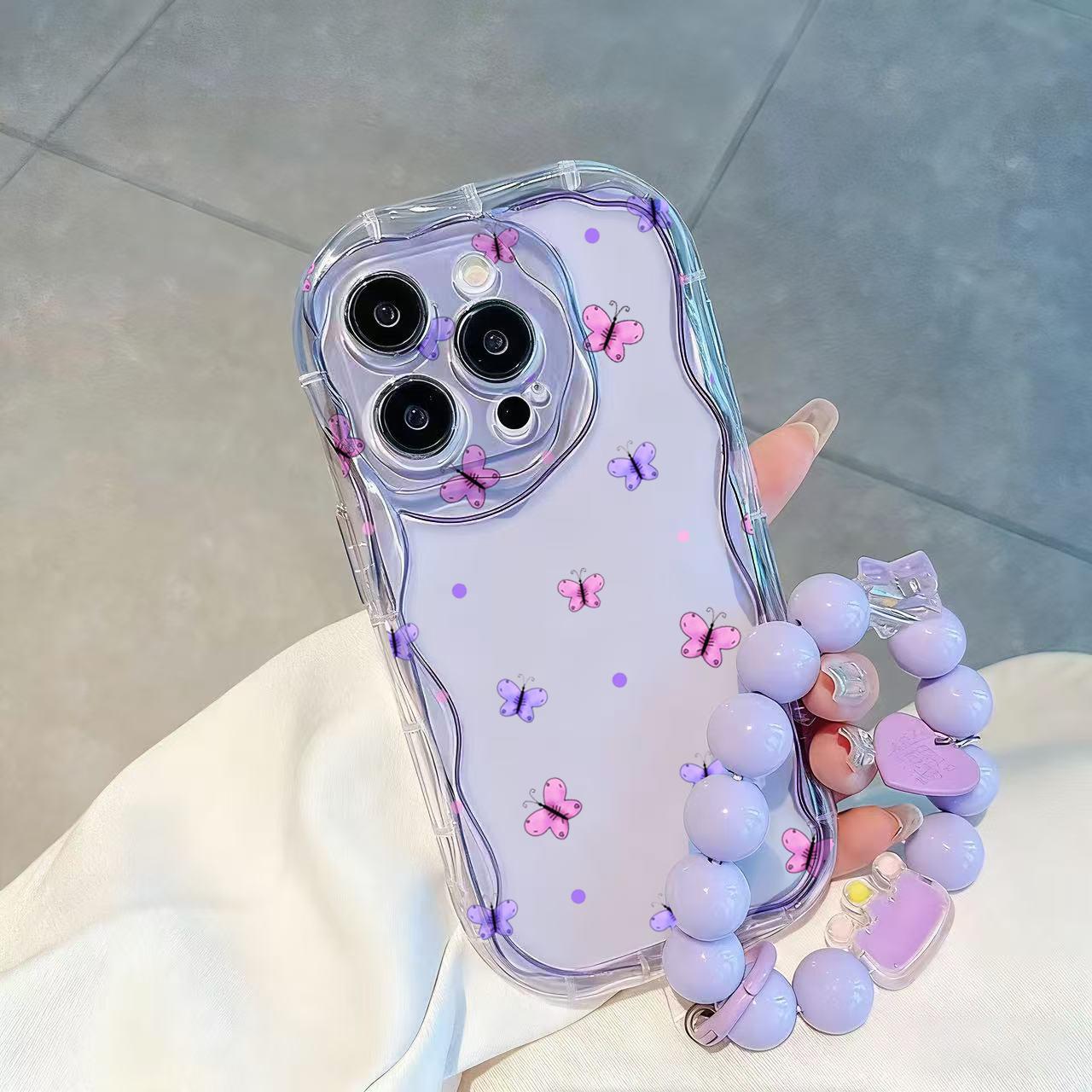 Wave Pattern Purple Butterfly+Purple Hanging Chain Phone Case For VIVO Y21D Y19S  V40 Pro V50 V40 V60 Lite V30Y04 Y04S Y18 Y18E Y29 Y03 Y03T Y28 Y17S Y20 Y20i Y20S Back Cover