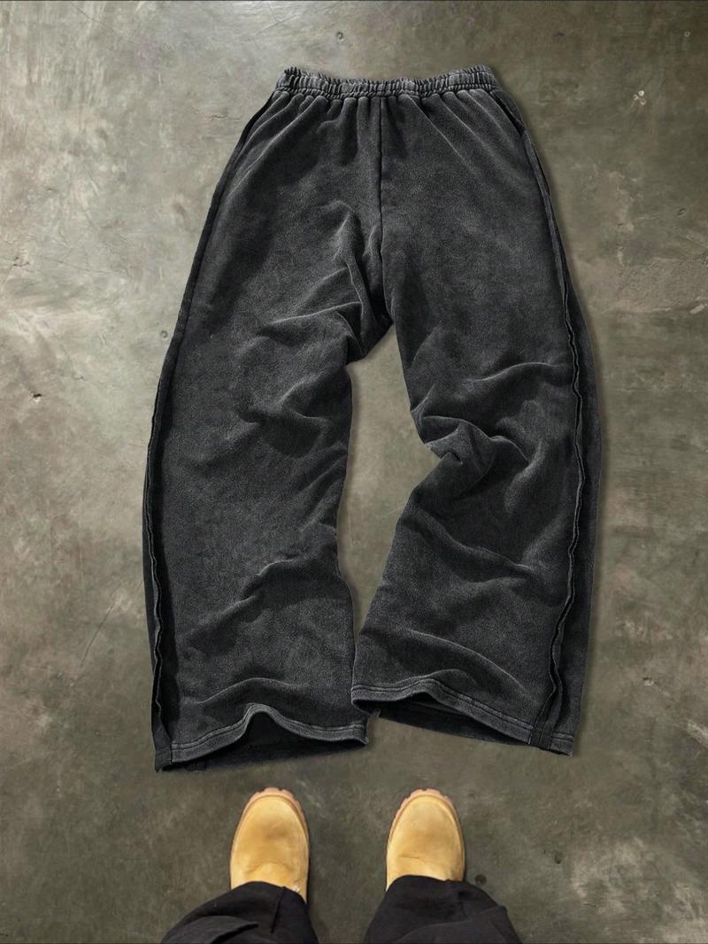 Men's Absorbent Cotton Straight Leg Pants, Menento Mori Letter Print, Casual Fitted H-Type, Elastic Waist, Fall & Winter