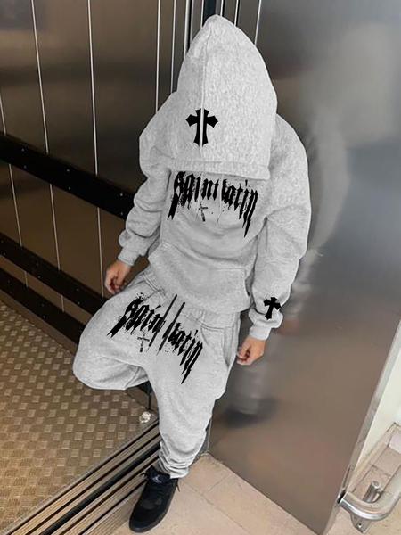 Men's Street Style Hooded Sweatshirt & Pants Set, Graphic Print, Loose Fit, Long Sleeve, Fall Winter Fashion, Casual Men's Street Style Hooded Sweatshirt & Pants Set, Graphic Print, Loose Fit, Long Sleeve, Fall Winter Fashion, Casual