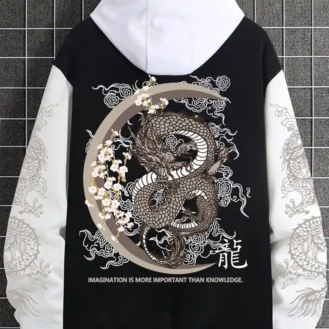 Men's Dragon Embroidery Longsleeves Jacket, Long Sleeve, and Casual Varsity Style, Hooded Inner Layer, Traditional Dragon Graphic Print, Streetwear & Cultural Fashion, Casual Streetwear Hoodie, Fitted, Casual Sporty Hoodies, Menswear, Casual Print Clothes