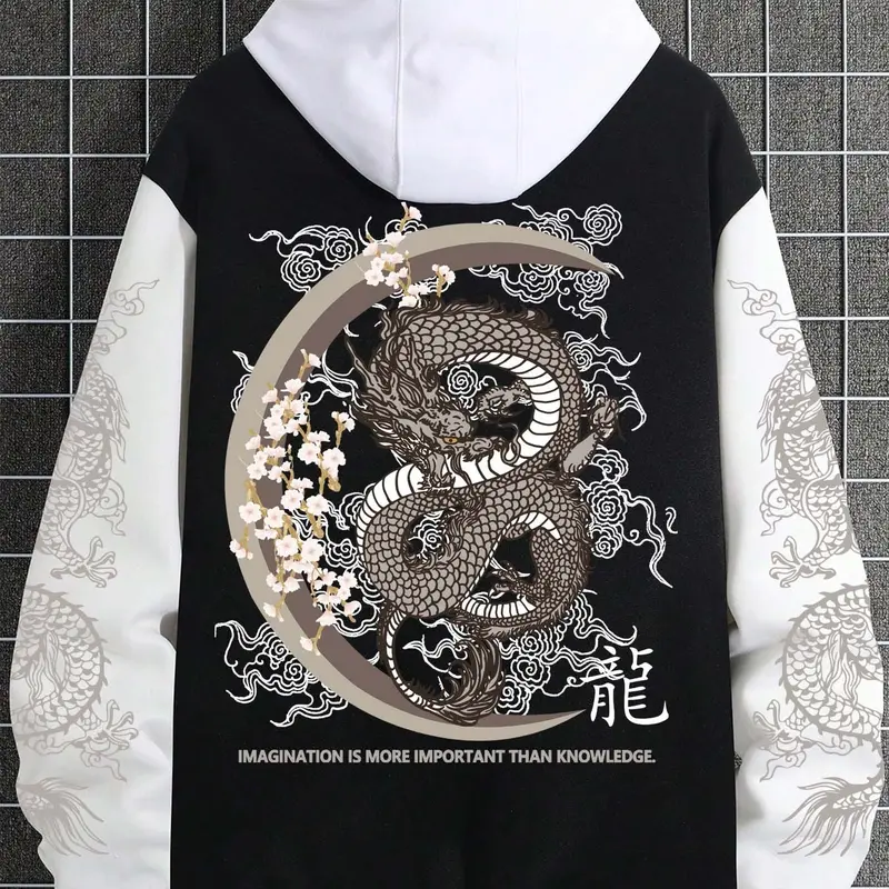 Men's Dragon Embroidery Longsleeves Jacket, Long Sleeve, and Casual Varsity Style, Hooded Inner Layer, Traditional Dragon Graphic Print, Streetwear & Cultural Fashion, Casual Streetwear Hoodie, Fitted, Casual Sporty Hoodies, Menswear, Casual Print Clothes