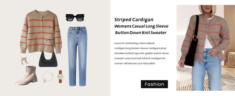 Ommig Womens Striped Cardigan Sweaters Long Sleeve Button Down Knitted Outwear