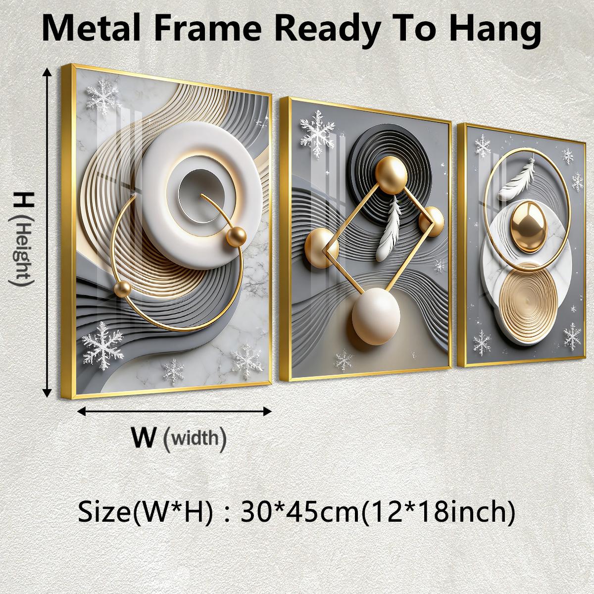 3 Counts Aluminum Alloy Framed Painting, Abstract Geometric Gold Feather Art Pictures, Home Decoration For Living Room, Bedroom, Office, Restaurant, Hallway Wall Decor, Odorless Print Artwork, Luxury Perfect Gift For Friends And Family